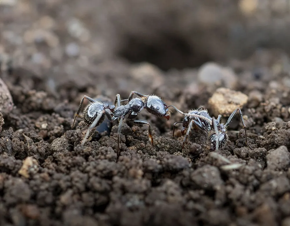 Close-up of ants on a soil surface near a nest