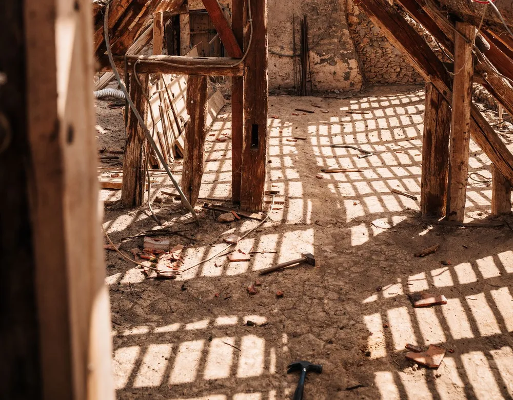 Roof space with timber beams where rodents can nest