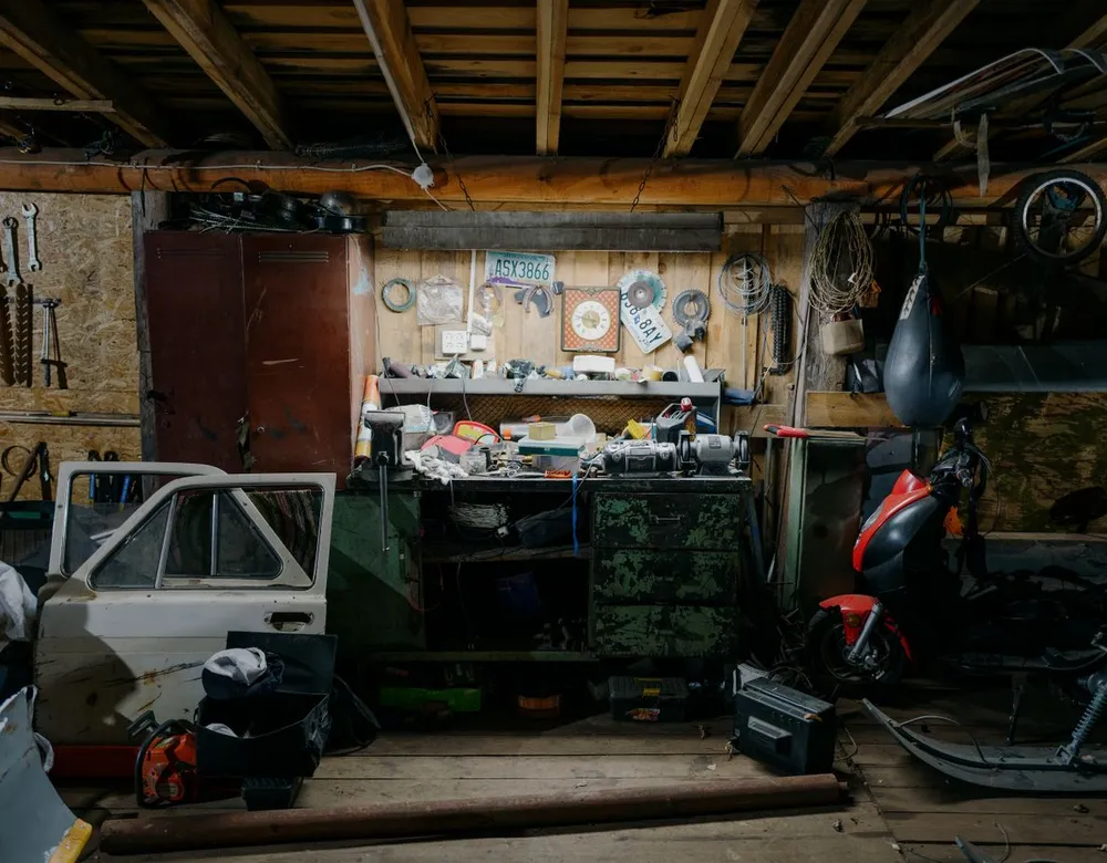 Rustic garage and shed with tools, typical spider hiding places