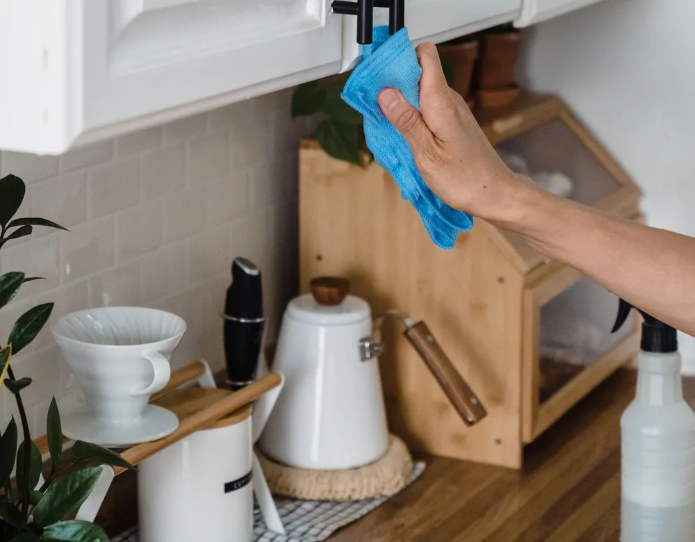 Person wiping kitchen cabinets to keep ants away